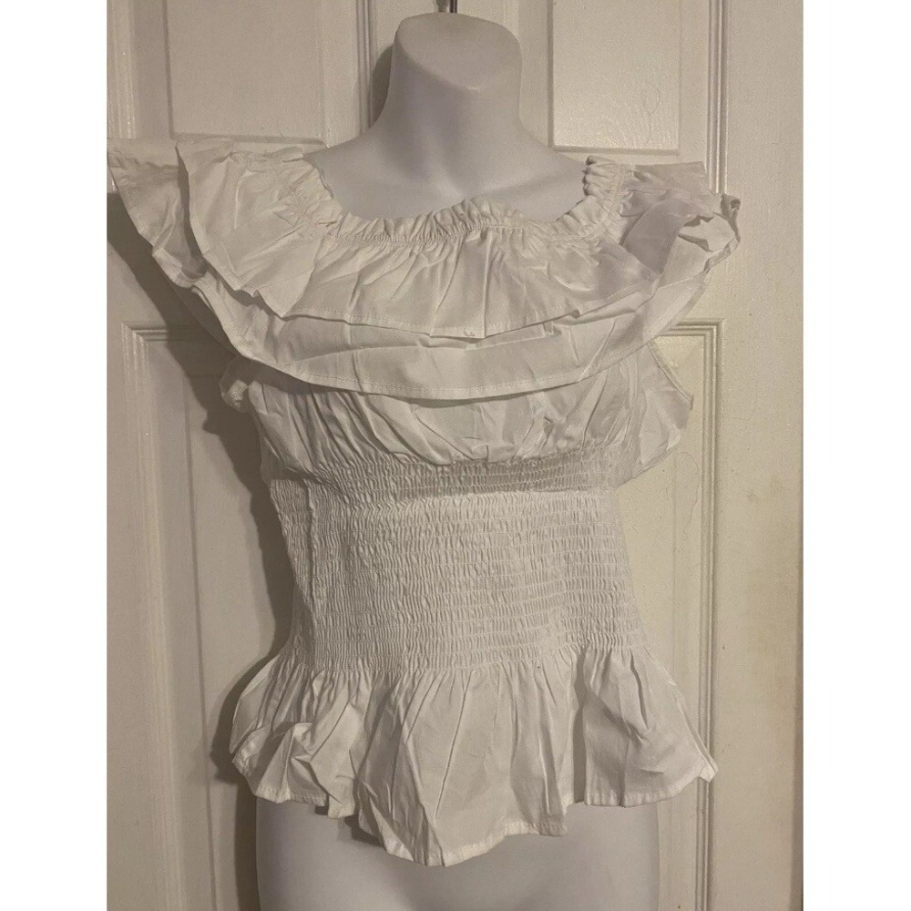 NWT Planet Gold Y2K Women's Juniors  White Ruffle Smocked Shirt Peasant L‎ Large
